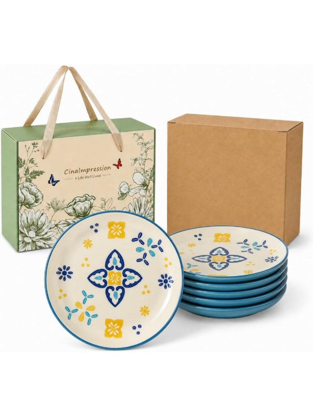 Hand-Painted Ceramic Dessert Plates Set of 6 - Unique Forest Teal Design, 6 Inch
